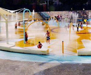 The splash pad at Crotona Park includes geysers that shoot straight up, as well as gentle misters for little kids.