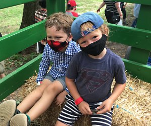 Two boys on a hayride at Queens County Farm Museum