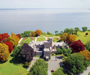 Aerial shot of Sands Point Preserve during the fall season.