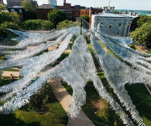 Inspired by the movements of schools of fish, this outdoor sculpture moves with the seaside winds in New Bedford. Photo courtesy of Poetic Kinetics