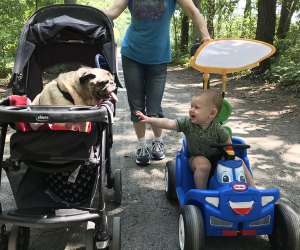 mom, dog in stroller and boy at Belmont Lake State Park