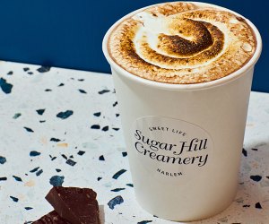 Hot chocolate is topped with molten, homemade marshmallow fluff at Sugar Hill Creamery