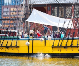 Visiting the Boston Tea Party Museum in Boston throwing tea