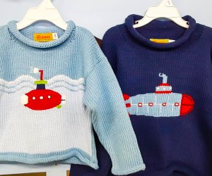 Photo of submarine-themed sweaters from Connecticut baby store.