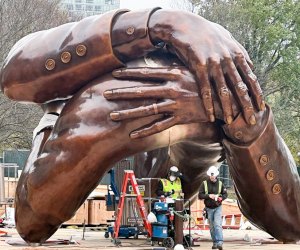 This MLK weekend, Boston reveals The Embrace by Hank Willis Thomas, a memorial to Dr. and Mrs. King. Installation in progress photo courtesy of Negative Space.