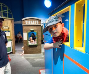 Kids are invited to climb aboard the little blue tank engine and explore train science and history at the MOS. Photo courtesy of Fisher Price/Thomas & Friends traveling exhibit