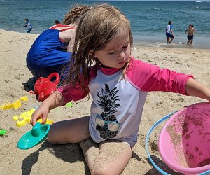 Sand castle building and more fun await little ones at Jones Beach State Park on Long Island. 