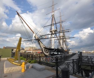 Image of USS Constitution docked in Charlestown Navy Yard.