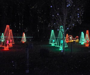 red and green-lit Christmas trees dot the night sky