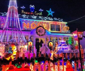 Photo of house in Connecticut covered in Christmas lights