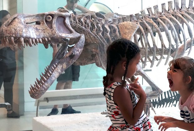 Girls with dinosaurs at AMNH indoor places to beat summer's heat