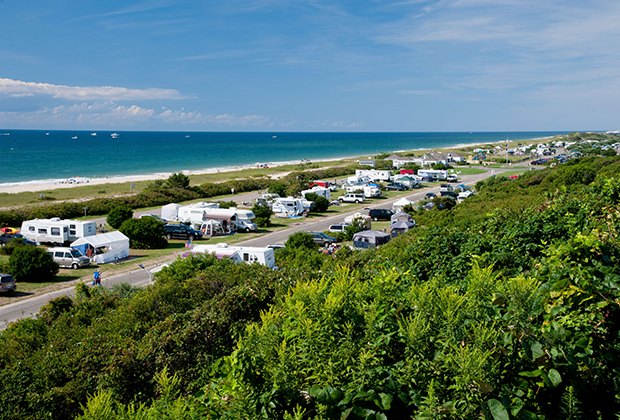 RVs line the beachfront camping spots at Hither Hills State Park