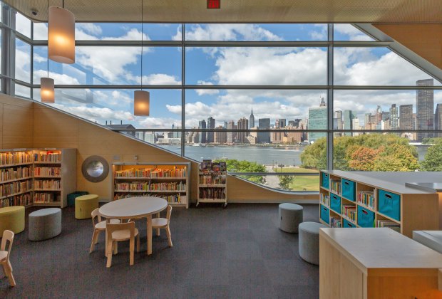 Peek Inside the New Hunters Point Library in Long Island City The new waterfront library at Hunters Point in Queens has lovely views from the children's area.
