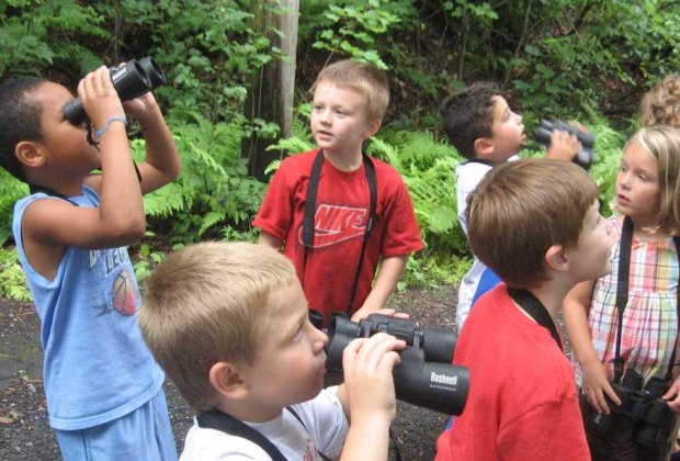 Birdwatching with Kids in Hartford County Children look to the trees at Indian Rock Nature Preserve. Photo courtesy of Environmental Learning Centers of Connecticut