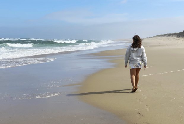 Picture of a person walking along the shore of a Cape Cod beach.