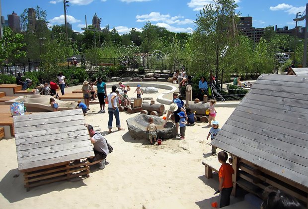 Best Destination Sandboxes at Local Parks for NYC Kids Sandbox Village at Brooklyn Bridge Park's Pier 6 is a sand city with playhouses and and a water spray area. Photo by Larry Kang via Flickr