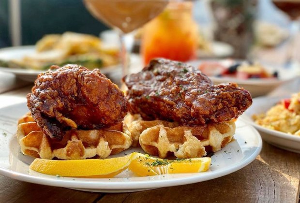 A plate of chicken and waffles