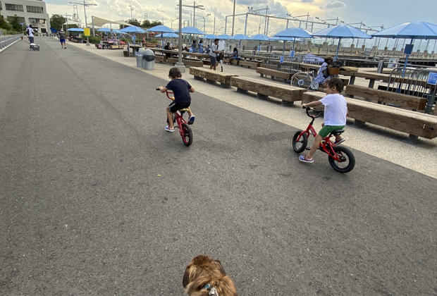 two boys ride bikes