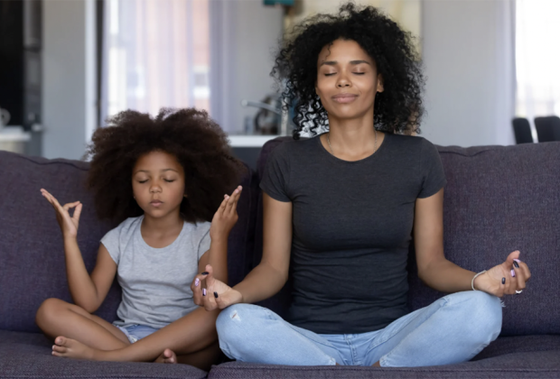 Stress Relief Activities for Kids: mom daughter yoga