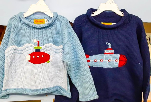 Photo of submarine-themed sweaters from Connecticut baby store.