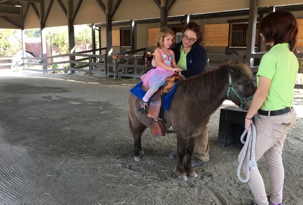 girl riding a pony with a guide at Turtle Back Zoo