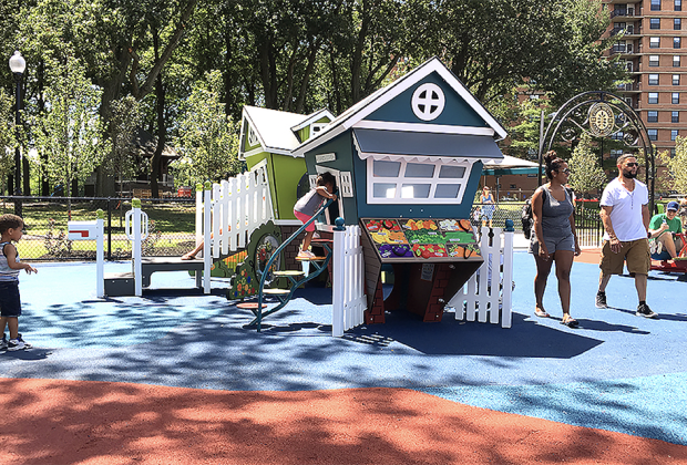 Cute playhouses dot the toddler playground in Watsessing Park