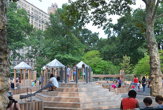 Wide view of climbing structures at Central Park's Wild West Playground