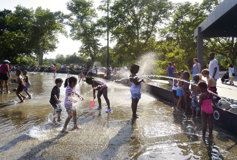 Cool off on a hot summer day at the expansive LeFrak Splash Pad in Prospect Park. Photo by Martin Seck for Prospect Park Alliance