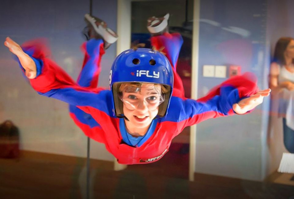 Birthday parties at these indoor skydiving venues include a flight class, two flights per guest, and party room time.  Photo courtesy of iFly