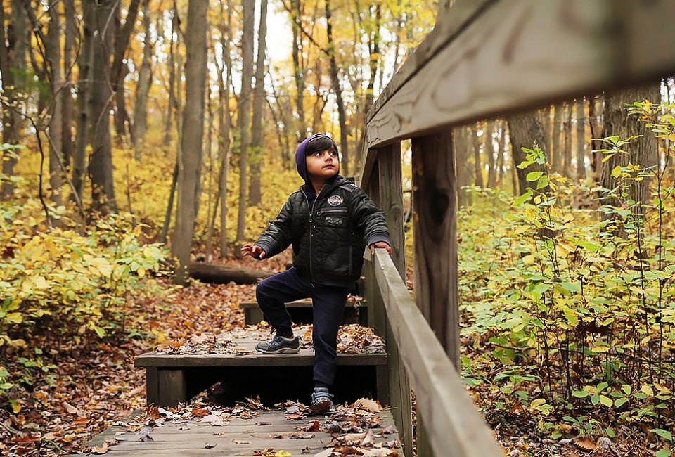 Toddler boy on a hiking trail at Cheesequake State park open now in New Jersey