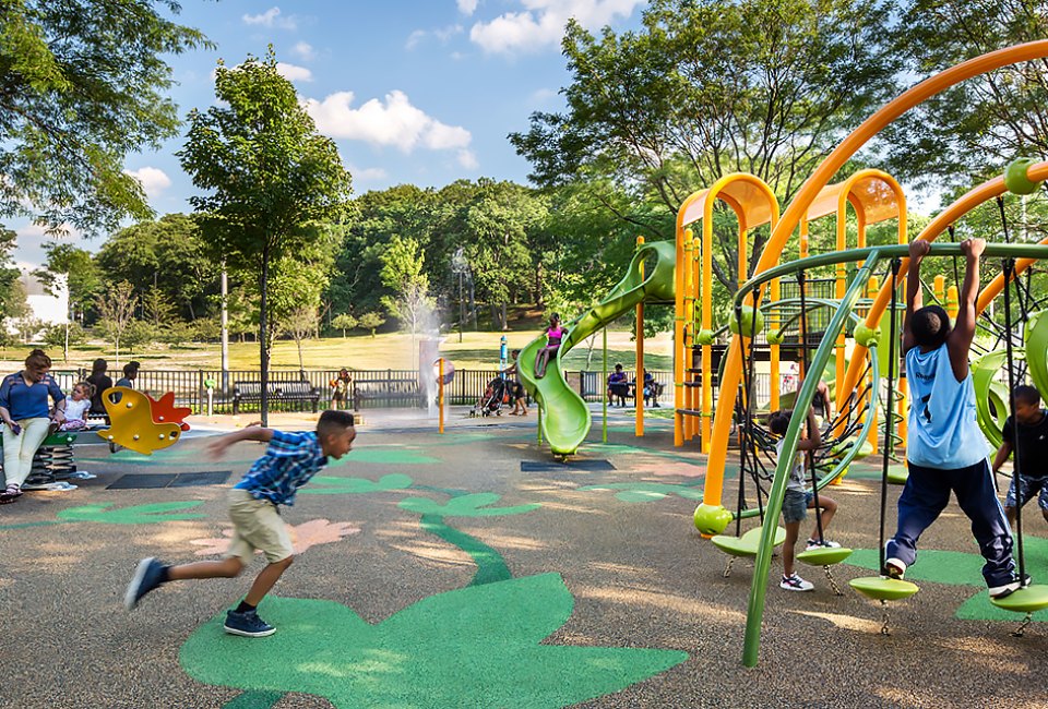 Mattapan's Hunt Almont Playground has tricky ladders, balancing toys, and more. Photo by Ed Wonsek