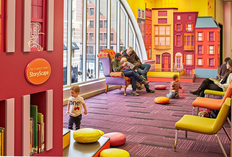 There is plenty of room to play on a cold and rainy day in the Children's Room at the BPL Copley Square  branch. Photo by Robert Benson Photography© courtesy of Arrowstreet