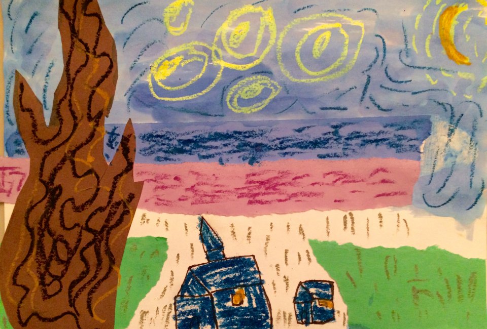 Do you have a potential Van Gogh in the family? Find out at a Long Island art class. Mixed media art interpretation of Starry Night by Henry Sumersille