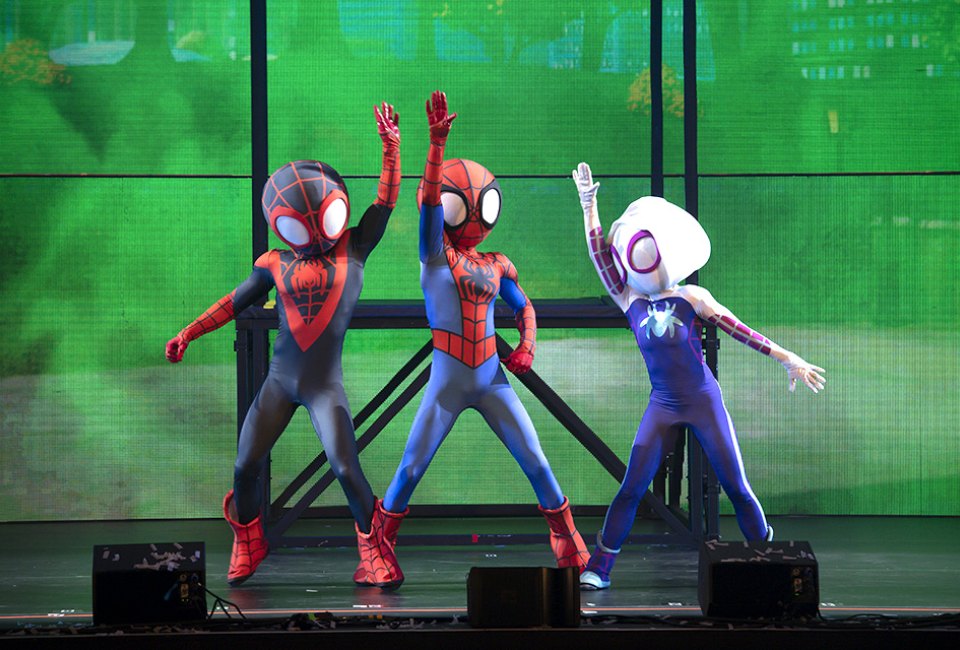 Team Spidey from “Marvel’s Spidey and His Amazing Friends” help save an important playdate in Disney Jr. Live: Let's Play! Photo by Phil McCarten