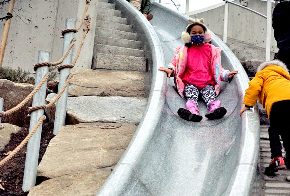 Race down the speedy slides at the brand new Battery Playscape.