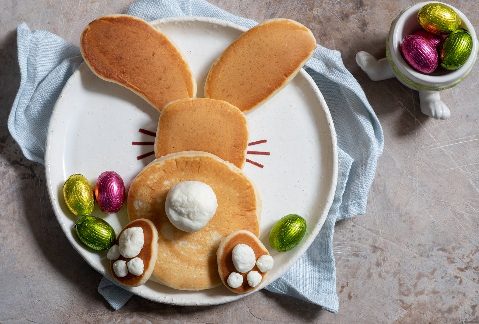 Start the day off with these sweet bunny pancakes.