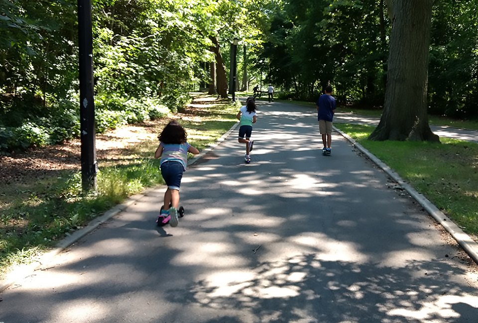 Pelham Bay Park's shady paths are great for scooting, biking, walking, or running. 
