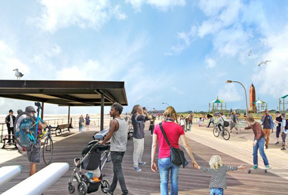 The adventure park at Jones Beach will sit in the shadow of the boardwalk. Rendering courtesy of Wildplay Element Parks