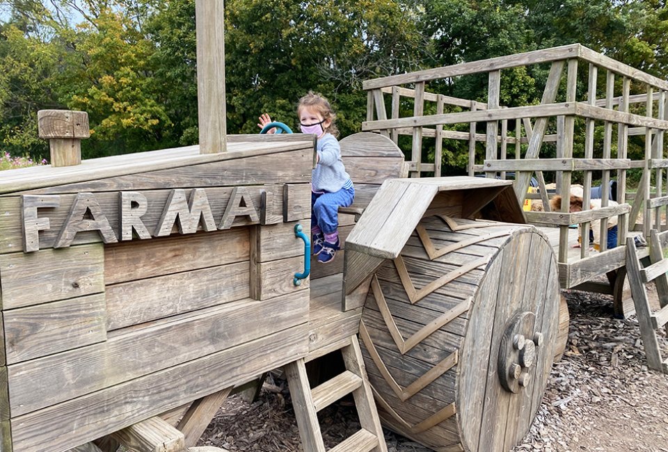 Hop on the wooden tractor at Hellerick's Farm. Photo by Rose Gordon Sala