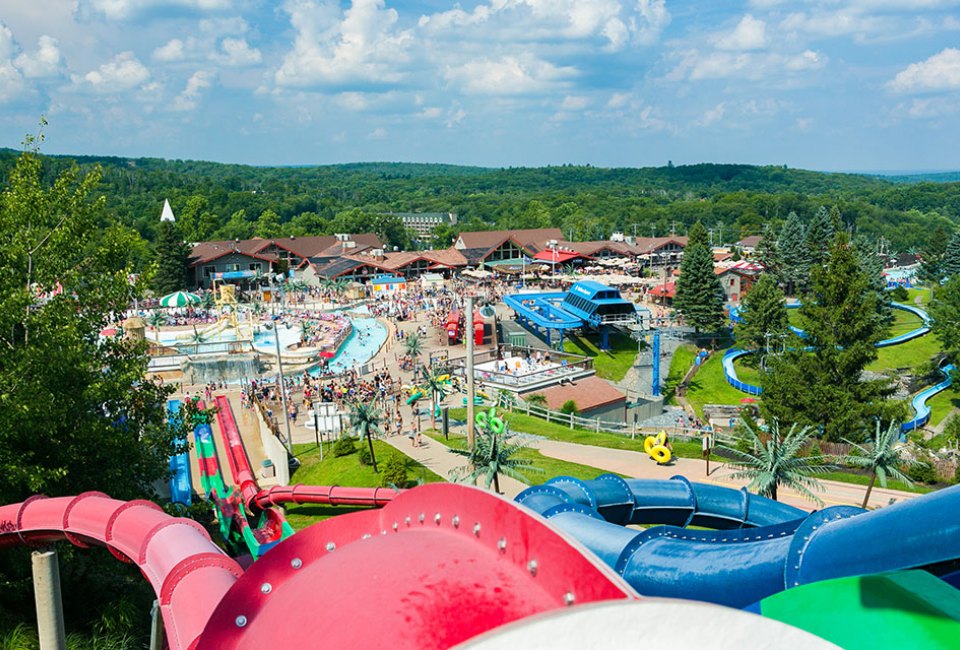 The outdoor water park, Camelbeach, is surrounded by trees and mountains. Photo courtesy the resort