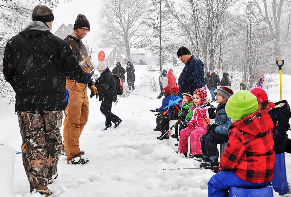 Try ice fishing, geocaching, or snowshoeing before warming up inside Mayslake Hall. Photo courtesy of  Forest Preserve District of DuPage County