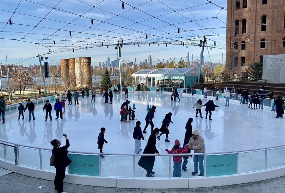 The Domino Square ice rink has a small footprint, but its big-city views are impressive.