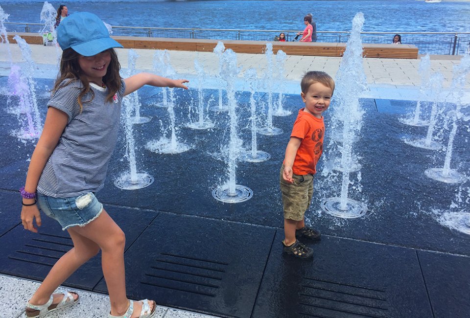 The Domino Park splash pad is gentle enough for little kids to enjoy its spray. Photo by Ros Muggeridge