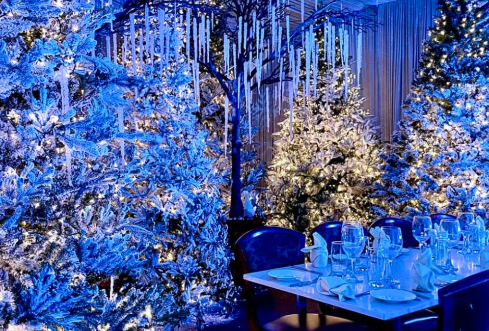 Dine among a beautiful display of holiday lights on Christmas in Southington, one of the restaurants open on Christmas in Connecticut! Photo courtesy of Cava Restaurant