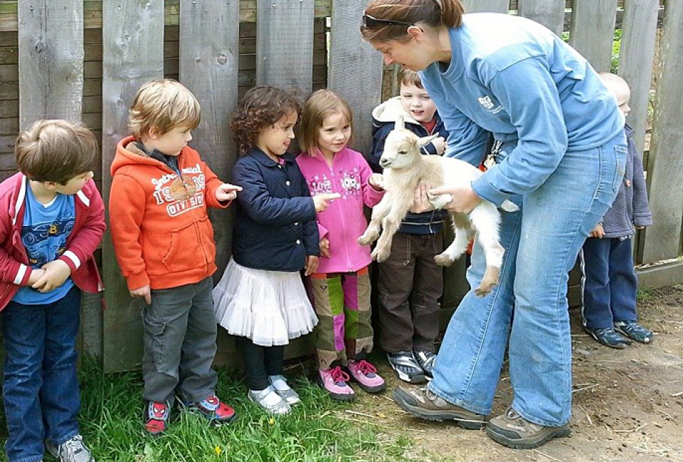 Photo of kids with baby lamb at Stamford Nature Center - Spring Break 2025