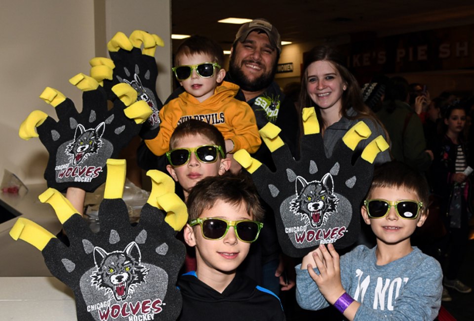 Allstate Arena has tons of fun activities for the Wolves' youngest fans—like a fireworks display and pyro and laser light show at every game.