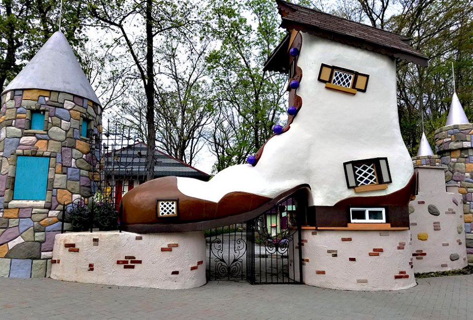 The iconic shoe stands at the gate of Fairy Tale Forest, a beloved NJ theme park that's scheduled to reopen this spring. Photo courtesy of the park