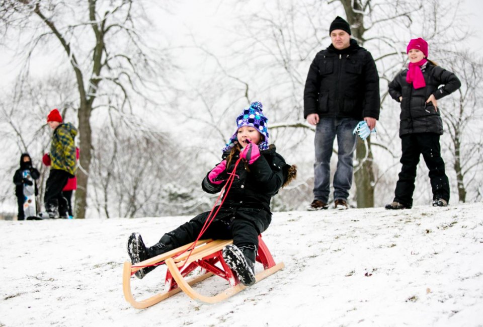 Sledding is always a fun free activity for kids in Chicago. Photo courtesy of the Forest Preserve of Cook County