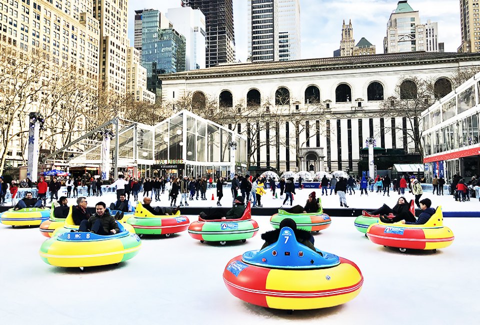 Slide, spin, and bump on the Bryant Park ice skating rink beginning Friday, January 13, 2023. Photo by Janet Bloom