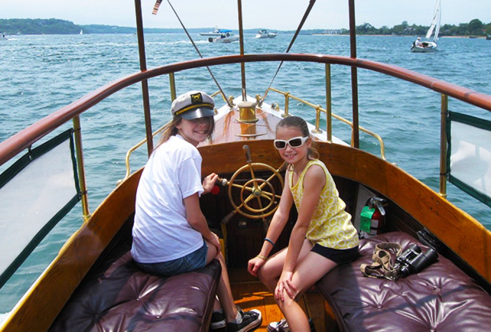 Power around Greenport Harbor aboard the solar-powered electric launch Glory. 